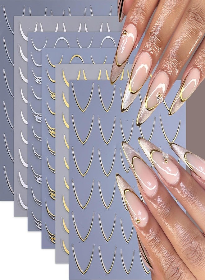 SHUXILIN 6 Sheets French Stripe Line Nail Stickers Metallic Stripe Lines 3D Self-Adhesive Nail Decals Gold Silver Curve Stripes Wave Nail Design Luxury French Tip Manicure Art Supplies for Women Nail Decor - Image 1